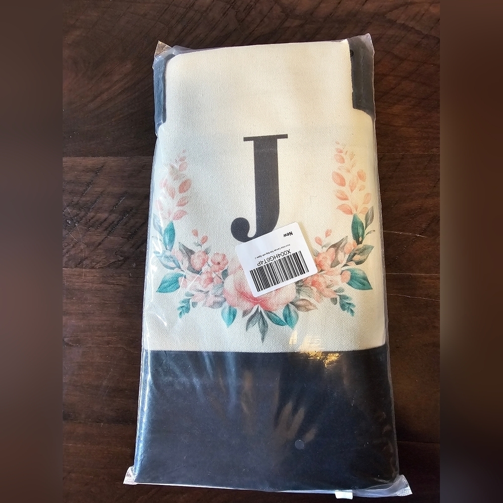 Monogrammed Floral Letter -J- Canvas Tote Bag Zipper Pocket Side Pouch Gift NWT - Picture 3 of 12